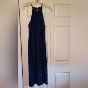 Lulus Halter Midi Dress Navy Blue Slit Lined Zip Slinky Glamour Evening Small